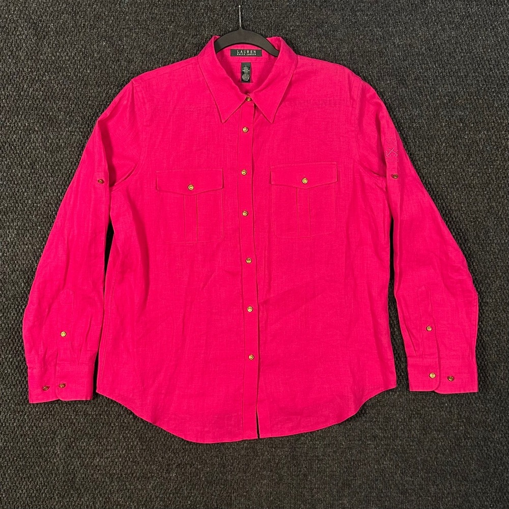 Lauren Ralph Lauren Linen Nautical Shirt Women L Pink Roll Tab Crest Button